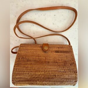 Rattan Woven Purse in Warm Tan, Long Strap and Leather Details